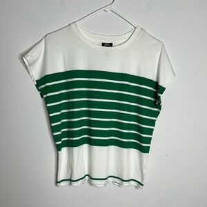 Bobeau Women T Shirt Short Sleeve White Green Striped Size Small